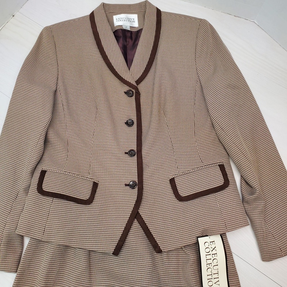 Executive Collection Sears Brown Houndstooth Skirt Suit Blazer Size 12 NWT 90s